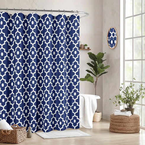 Biscaynebay Extra Long Textured Fabric Shower Curtains - 72" W x 84" L, Navy Morocco Pearl Printed Luxury Bathroom