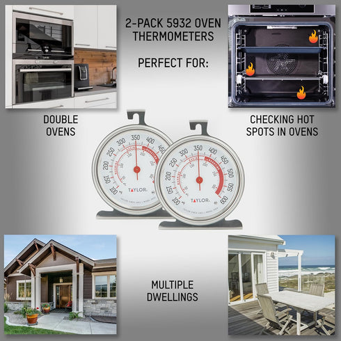 Taylor 5932 Large Dial Kitchen Cooking Oven Thermometer, 3.25 Inch Dial, Stainless Steel, Oven Thermometers, Silver - 2 PACK by Taylor