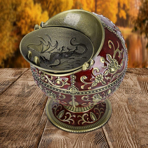 Windproof Ashtray with Flip Lid, Global Shaped Dragon Pattern Zinc Alloy Smoking Ash Tray for Home Office Crafts