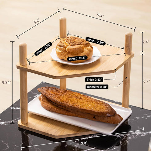2-Tier Counter (1, 6.7" Expandable Bamboo Corner Shelf - Dish/Plate Organizer for Cabinet, Kitchen Shelf & Small