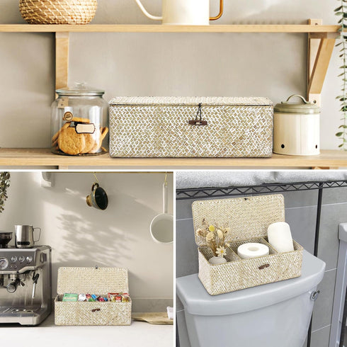 Hipiwe Seagrass Storage Basket Bin, Hand-Woven Wicker Basket with Lid for Organizing Bathroom Supplies