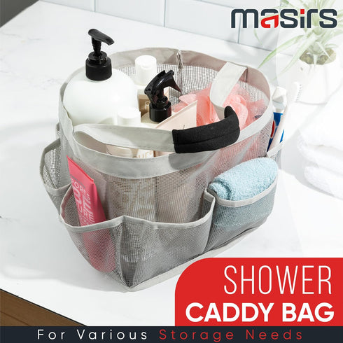 Masirs Mesh Shower Caddy Bag, Large Collapsible Organizer for Travel, Gym & Dorm, 9 Pocket (Grey)
