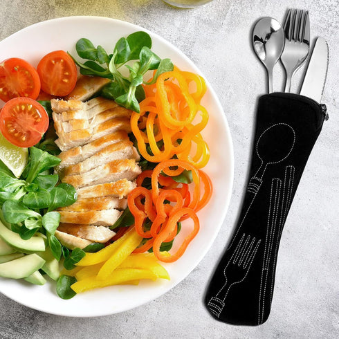 7 Pieces Portion Control Flatware Set, Stainless Steel Serving Spoons, Forks, Knives with Fabric Storage Bag