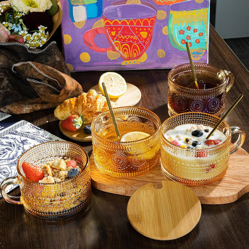 4pcs 14oz Set Ollieroo Coffee Cups,Vintage Coffee Mugs, Overnight Oats Containers with Lids and Spoons, Coffee Glasses