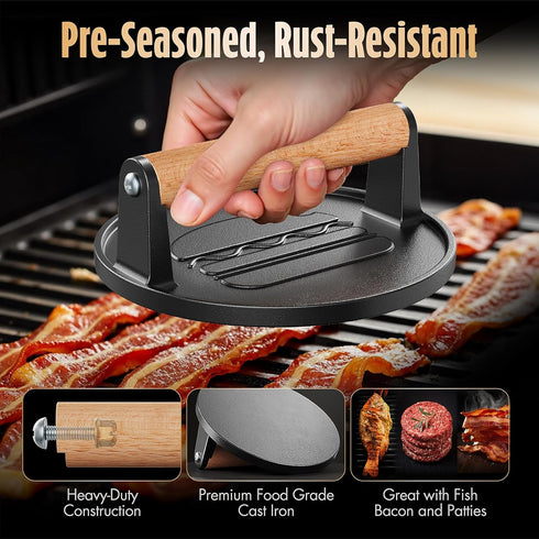 2 lb 6.6 Pisol Smash Burger Press, Pre-Seasoned Cast Iron Hamburger Smasher, Heavy-Duty Grill Bacon Meat Press Tool
