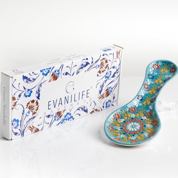 Handmade Ceramic Spoon Rest for Stove Top, 10" Colorful Kitchen Counter Utensil Holder, Dishwasher Safe