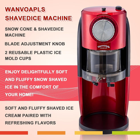 Shaved Ice Machine - Retro Red Snow Cone Maker for Homemade Shaved Ice, Slushie Ice Shaver with Stainless Steel Blade,