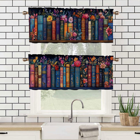 CAIJXIONG Set 2 54x18 inch Bookshelf Kitchen Curtains of Educational Bookcase Watercolor Flowers Rod Pocket Decorative