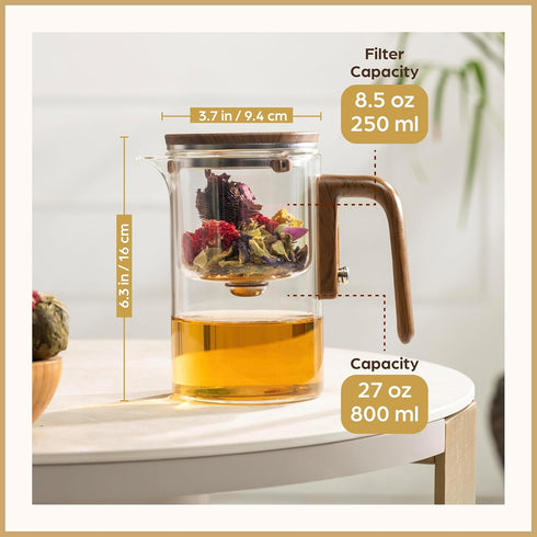 800 ML (27oz) Enchanti Tea Pot - Modern Glass Infuser Teapot - Water Separation Magic Teapot with Heat-Resistant Handle