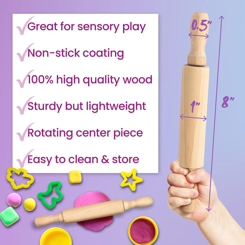 8-Inch (6-Pack) Premium Kids Mini Rolling Pins Splinter-Free, Non-Stick Hardwood for Baking, Sensory Crafts, Play-Doh