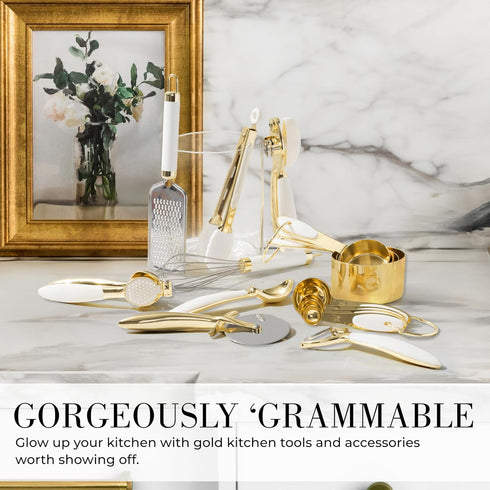 White & Gold Kitchen Tools and Gadgets - Luxe 8PC Cooking Utensils Set with Anti-Slip Handles, Gold Kitchen Accessories