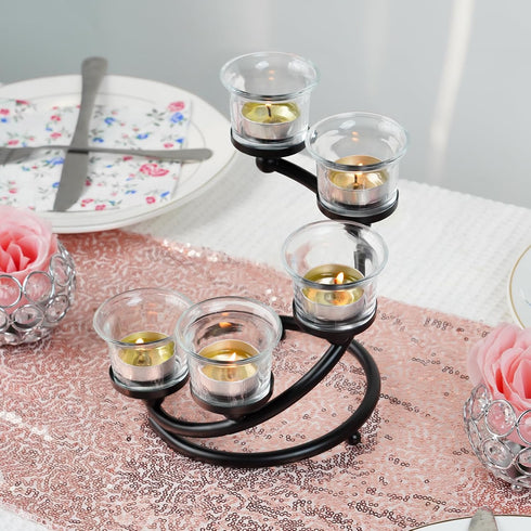 2Pcs 5-arm Black Metal & Glass Tea Light Candle Holders for Table Centerpiece, Glass Votive Tealight Holders/Candelabra