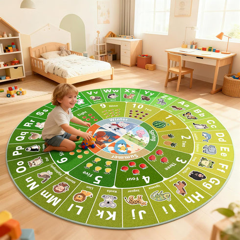 Kids Educational Area Rug for Playroom, 47x47'' Round ABC Alphabet Animals Fruits