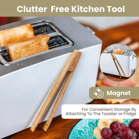 Toaster Tongs With Magnet, Bamboo Kitchen Utensils for Cooking & Holding Toast, 8" Long Natural Toxic Free Set