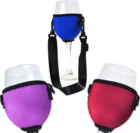 Beautyflier Wine Glass Insulator/Drink Holder/Neoprene Sleeve with Adjustable Neck Strap For Wine Walk (Blue/Burgundy/Purple)