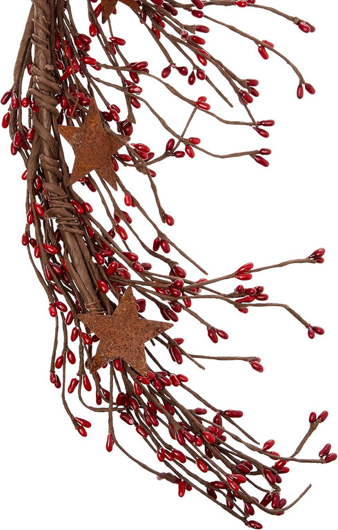 40 Inch CWI Pip Berry and Star Garland - - Artificial Garland for Mantle, Arch, Table, and Entryway - Red & Burgundy