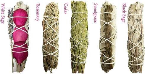 Smudge Sticks Sampler - 1 White Sage with Lavender & Rose, 1 Rosemary, 1 Cedar, 1 Sweetgrass, 1 Black Sage