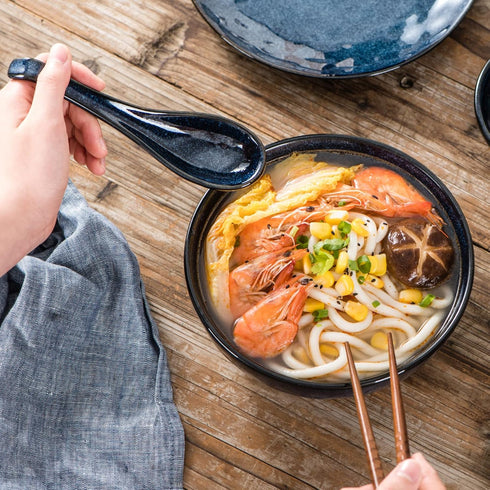 Vicrays Ceramic Soup Spoons Asian - Chinese Porcelain Soup Spoons Japanese 6.4 inch Ladle Serving Utensils for Ramen Dumplings Wonton Pho Miso Noodle Cereal Coffee Mugs - Set of 6 Blue