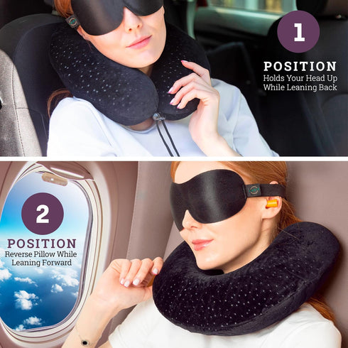 Aeris Memory Foam Travel Pillow for Airplanes - Best Neck Pillow for Long Flights with Carry Bag, Ear Plugs, Eye Mask