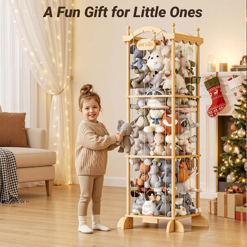70+ COSYLAND Large Stuffed Animal Storage Organizer for Kids, Wooden Plush Toy Holder with Top Rope Clips, Elastic