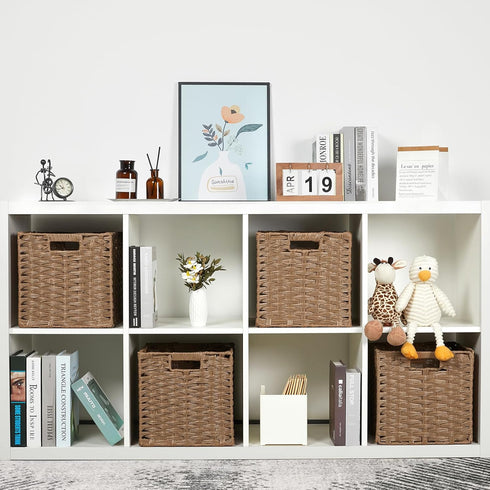 DULLEMELO Wicker Storage Baskets, 11x11 Cube Bins, Foldable Plastic Cubby Baskets Set of 2 for Organizing, Brown
