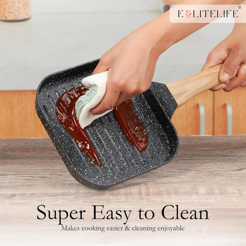 ESLITE LIFE 8 Inch Nonstick Small Grill Pan, Versatile Induction Square Grilling Skillet for Indoor Cooking