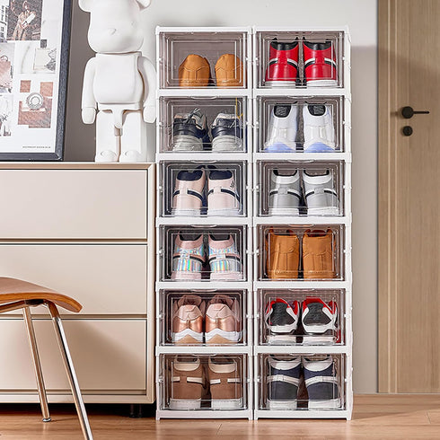 6-Tier Closet Nicunom Foldable Shoe Rack Organizer, Shoe Storage Box Collapsible Plastic Shoe Shelf Clear Shoe Boxes
