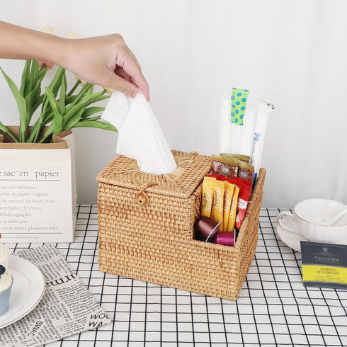 Sumnacon Tissue Box Square Cover with Storage, Rattan Holder with 2 Side Organizer for Bathroom Living Room