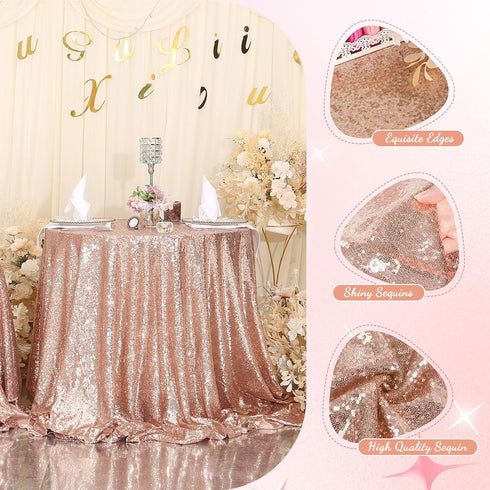 PartyDelight Round Sequin Tablecloth 50 inch Rose Gold for Wedding, Birthday, Bridal, Baby Shower Decorations