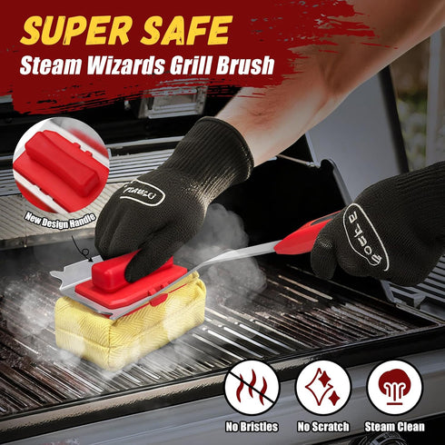 SUPOWER 15" 3X Steam Safe Grill Cleaning Brush Bristle Free for Outdoor Grill with Extended Handle, Thick Aramid Fabric
