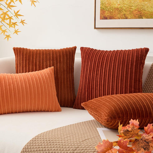 Kevin Textile Set of 2 Fall Pillow Covers, Solid Supersoft Corduroy, Burnt Brick, 18x18 Inch