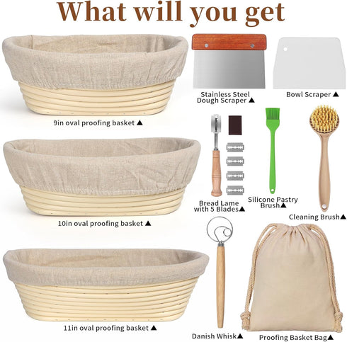 Set of 3 Lokeisna Sourdough Bread Baking Supplies, Sourdough Starter Kit, Bread Proofing Basket & Tools