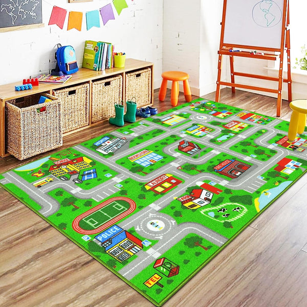 Capslpad Green Car Road Kid Rug Carpet Playmat for Playoom Traffic Road