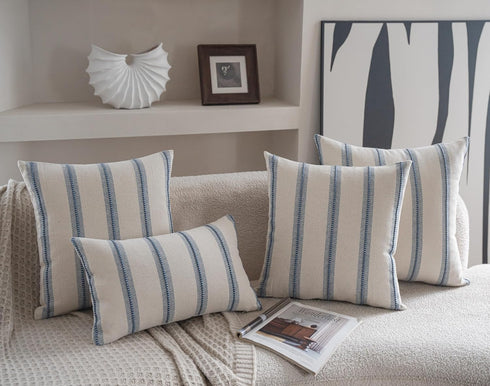 18x18 Set 2, Cethom Boho Throw Pillow Covers of Beige and Blue Striped Decorative Pillow Cases for Couch Chair Bed