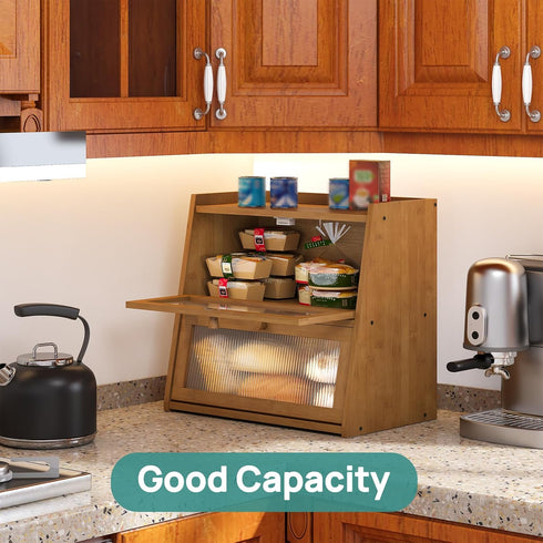 Counter, viewcare Extra Large Bread Box, Double Layer Bread Box for Kitchen Bamboo Wood Large Capacity Bread Storage
