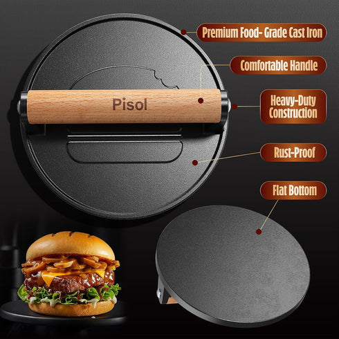 2 lb 6.6 Pisol Smash Burger Press, Pre-Seasoned Cast Iron Hamburger Smasher, Heavy-Duty Grill Bacon Meat Press Tool