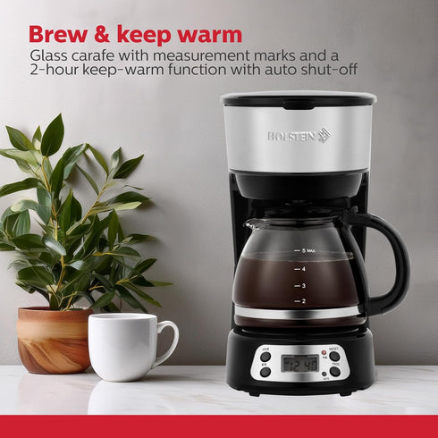 5-Cup Programmable 25oz Holstein Housewares Coffee Maker, Drip Coffee Machine with Auto Brew Timer, Pause & Serve