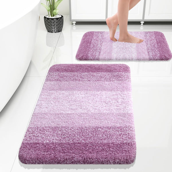 OLANLY Luxury Bathroom Rug Set 2 Piece, Soft Absorbent Microfiber Non-Slip Striped Bath Carpet, Machine Wash Dry,
