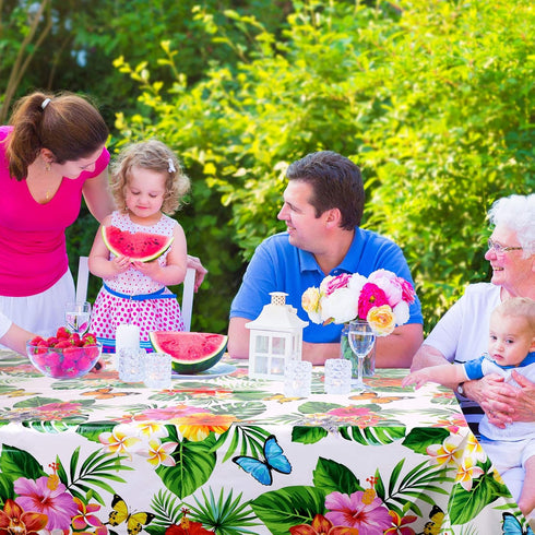 Tatuo 2 Pcs Large Summer Floral Table Cloth, Hawaiian Tropical Disposable Table Covers for Luau Party (51.2 x 86.6