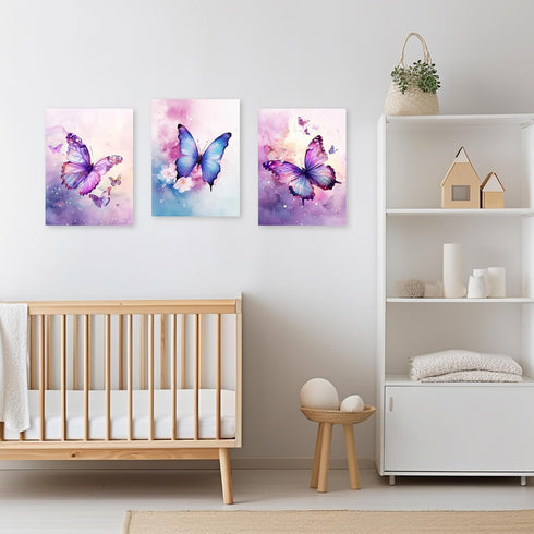 3 12x16inchx3P (30x40cmx3P)) ARTZGX Piece Purple Butterfly Canvas Wall Art Butterfly Pictures Wall Decor Watercolor