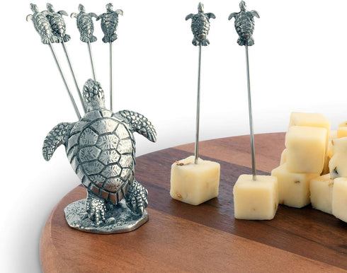 Vagabond House Pewter Sea Turtle Cheese Martini Olive Cocktail Pick Set, 4 inch Tall, 6 picks
