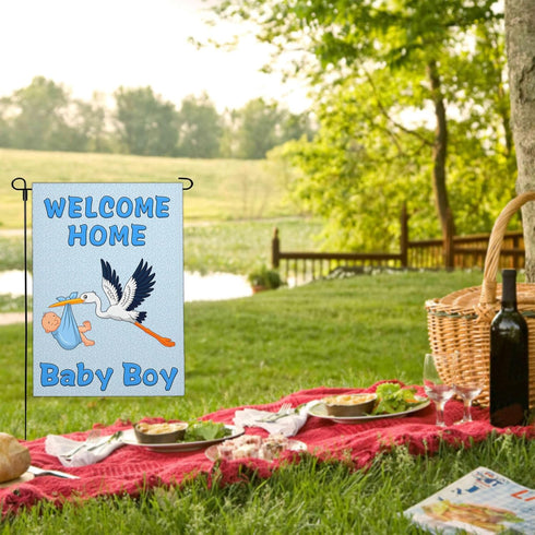 Welcome Home Baby Boy Garden Flag, 12x18 Inch Double Sided It's a Boy Stork Yard Sign Decorations