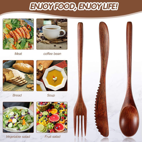 Geiserailie 12 Pcs Wooden Utensils Set - Wooden Spoon, Fork, Knife Cutlery for Kitchen Dinner Tableware (Phoebe Wood)