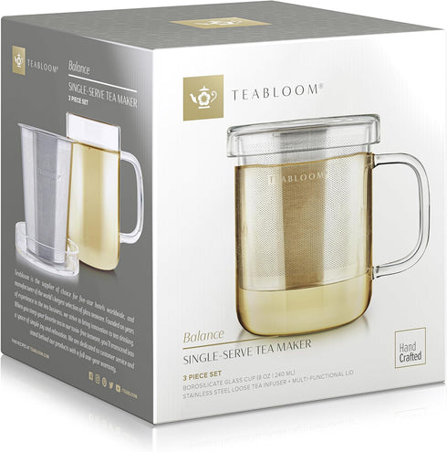 Teabloom Premium Borosilicate Glass Mug, 8 Ounces with Stainless Steel Loose Leaf Tea Infuser and Lid