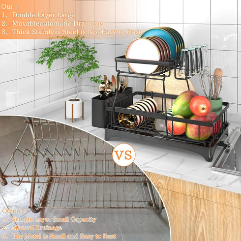 Godboat Dish Drying Rack, 2-Tier Dish Racks for Kitchen Counter with Drainboard & Mat