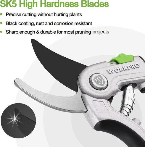 WORKPRO Bypass Pruning Shears, 8" Hand Pruners with Aluminum Handle, Stainless Steel & Sharp SK5 Blades, Professional Plant Snips Clippers for Flowers, Branches, Premium Gardening Tools by WORKPRO