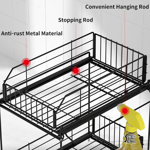 SUEH DESIGN 2 Tier Under Sink Organizer, Metal Kitchen Bathroom Storage with Hanging Rail