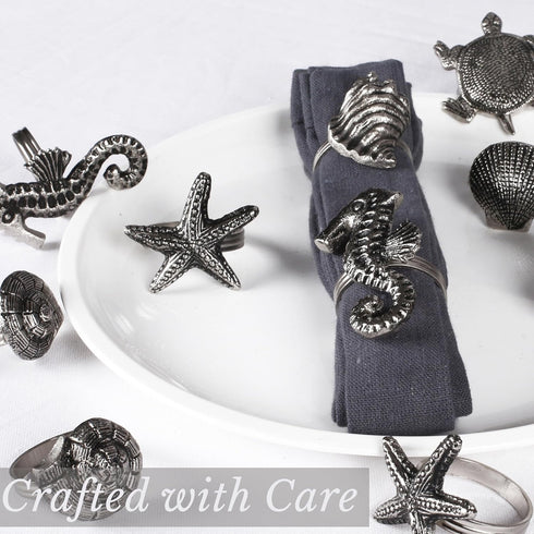 ALPHA Living HOME Silver Napkin Rings - 12-Piece Set of Premium 100% Metal, Antique Coastal Sea Shell Tabletop D cor
