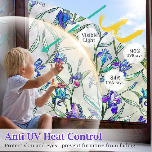 Coavas Window Privacy Film Stained Glass Window Clings 3D Violet Flower Decorative Static Cling Bathroom Frosted Decals Sun Heat Blocking Stickers for Home Door Room Covering 17 x 118.1 Inch