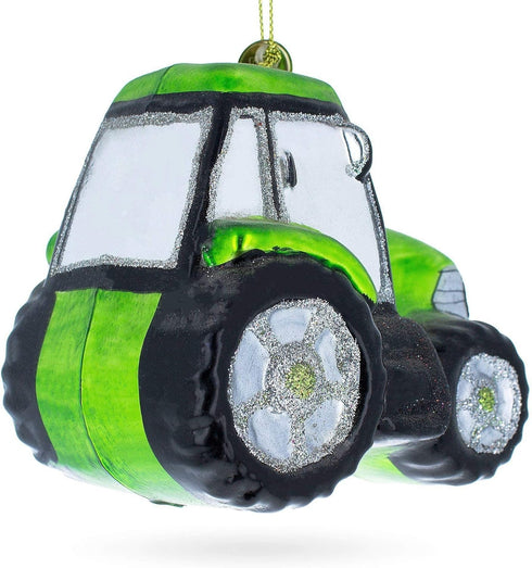 Rustic Green Tractor Blown Glass Christmas Ornament